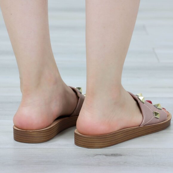 Blush Flat Comfort Flexible Sandal Slip On Sliders Trendy Gold Studs Glittery To - Picture 14 of 15